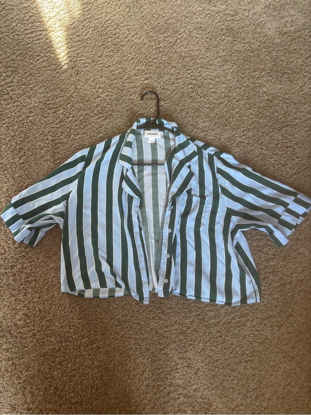 Monki Green and White Vertical Stripe Cropped Button-Up
